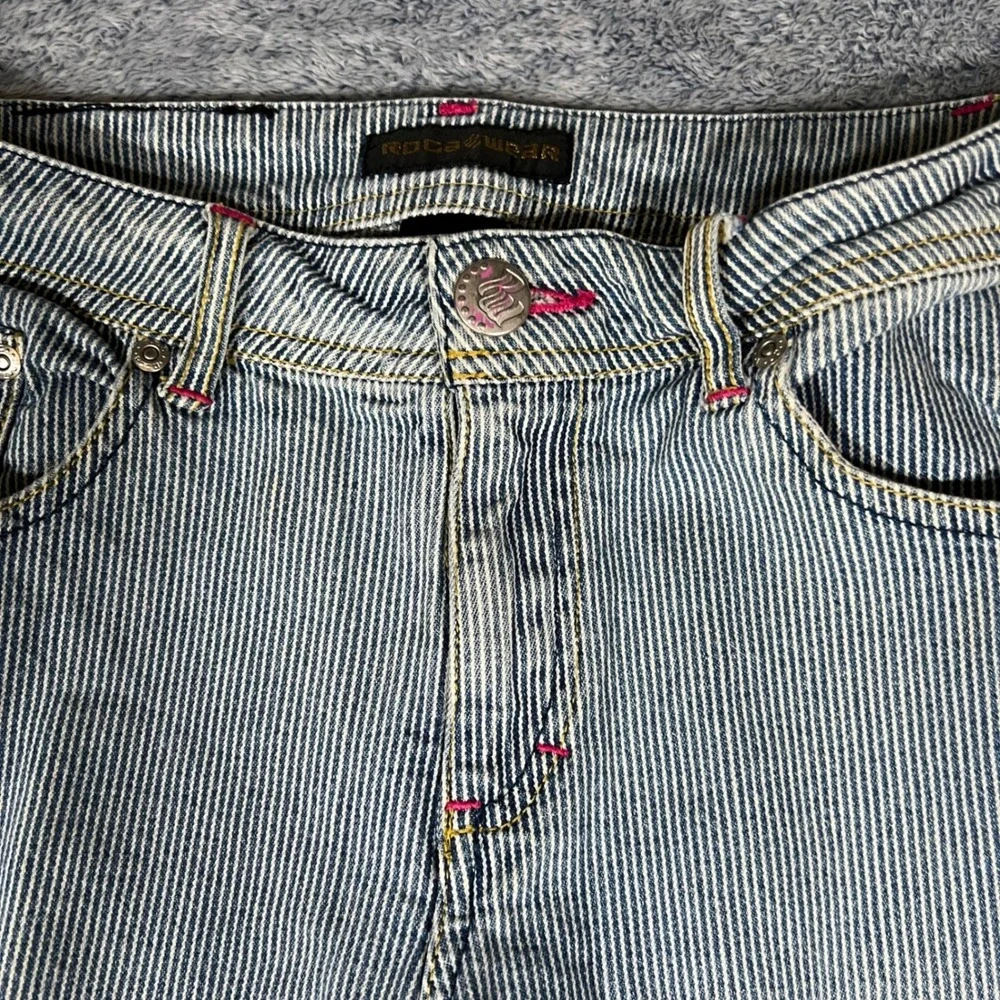 Vintage Rocawear‎ Pinstripe Paint Splatter Flare Jeans Blue White Juniors Size 9